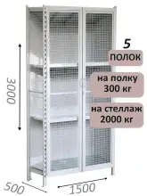 Стеллаж-шкаф СТ-300 с сетчатыми дверьми и сетчатой стенкой 3000х1580х500, 5 полок