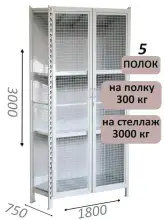 Стеллаж-шкаф СТ-600 с сетчатыми дверьми и сетчатой стенкой 3000х1900х750, 5 полок