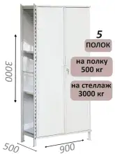 Стеллаж-шкаф СТ-600 с сплошными дверьми и сетчатой стенкой 3000х1000х500, 5 полок
